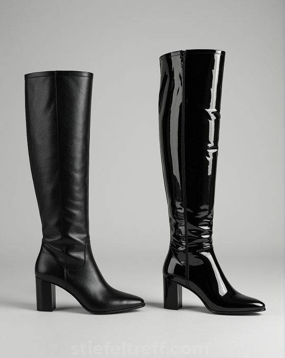 Schwarzer Lederstiefel und glänzender schwarzer Lackstiefel