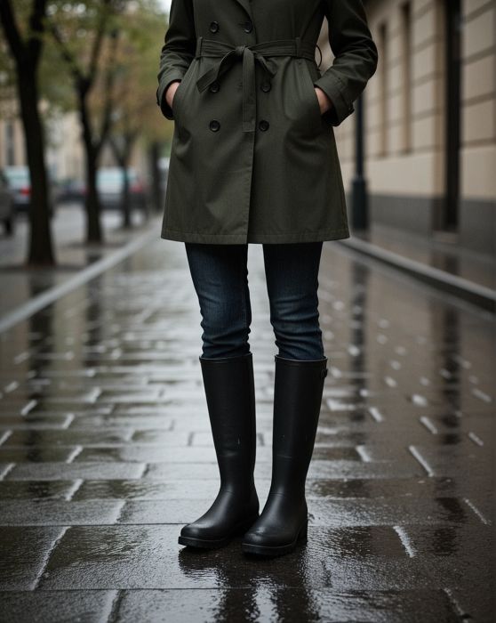 Dunkler Regenmantel und schwarze hohe Gummistiefel