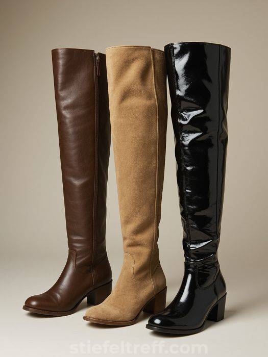 Drei Stiefel aus Glattleder, Wildleder und glänzendem Lack nebeneinander